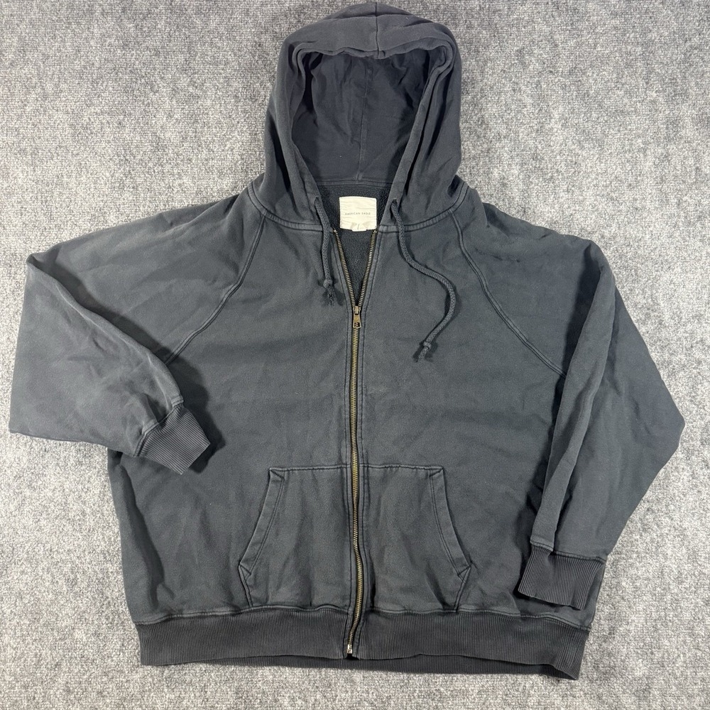American Eagle Hoodie Womens L/XL Black Full Zip Blank Sweatshirt Y2K